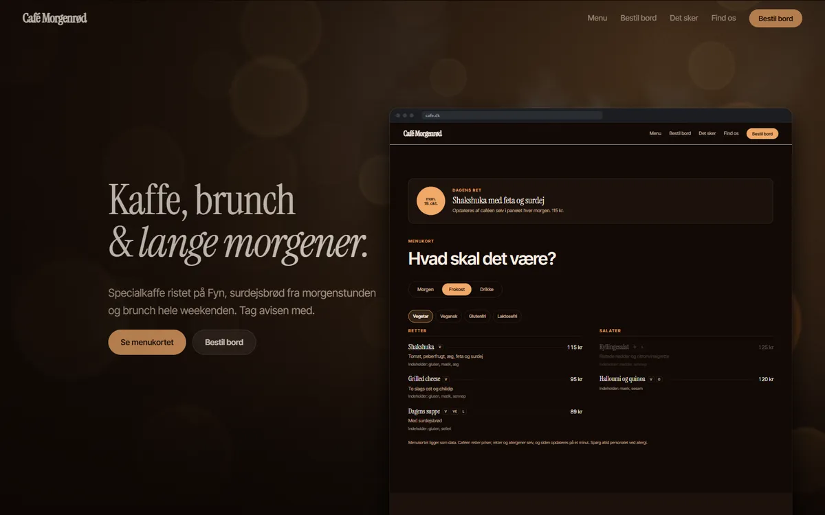 Eksempel: Café – Menukort, åben nu og bordbestilling